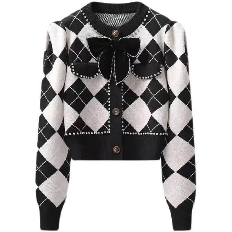 Women Trendy Vintage Argyle Diamonds Bow Chic Sweet Outewear Button Knitted Cardigan Y2K Female O Neck Long Sleeve Sweater Coats