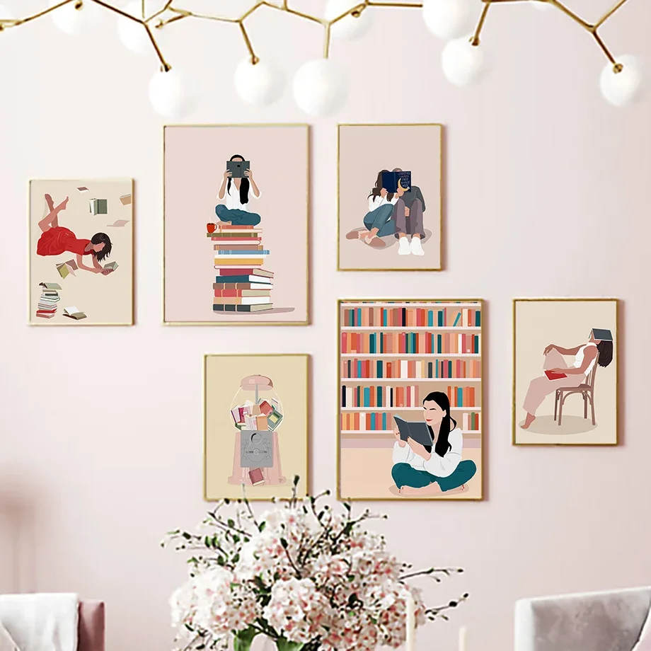 I love Reading  Women Read Jump Into The Book Abstract Illustration Fashion Wall Art Canvas Painting Nordic Poster Room Decor