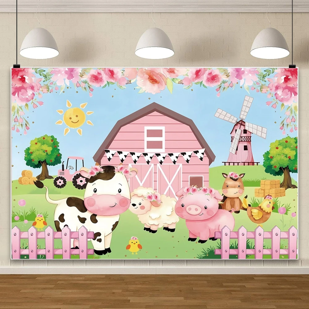 Pink Farm Animal Birthday Backdrop Cute Cow Sheep Pig Decor For Kids Birthday Party Photography Studio Background Decoration