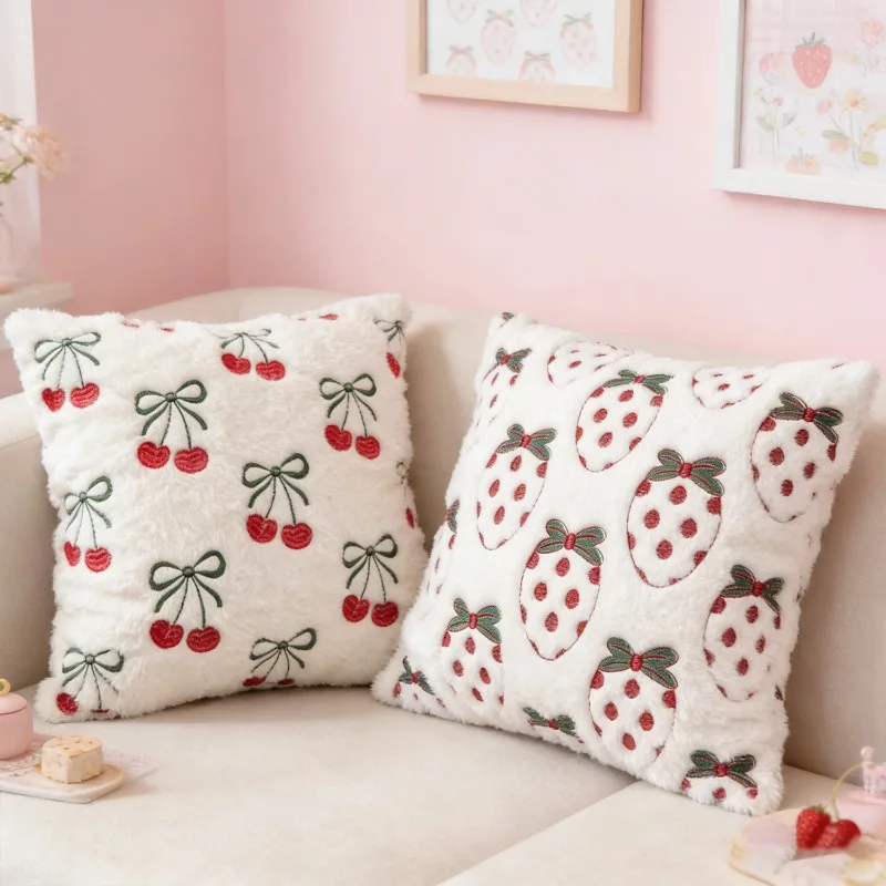 

Fashion Cherry Strawberry Embroidered Plush Cushion Cover Soft Velvety Pillow Case for Cozy Home Decor Living Room Pillow Covers