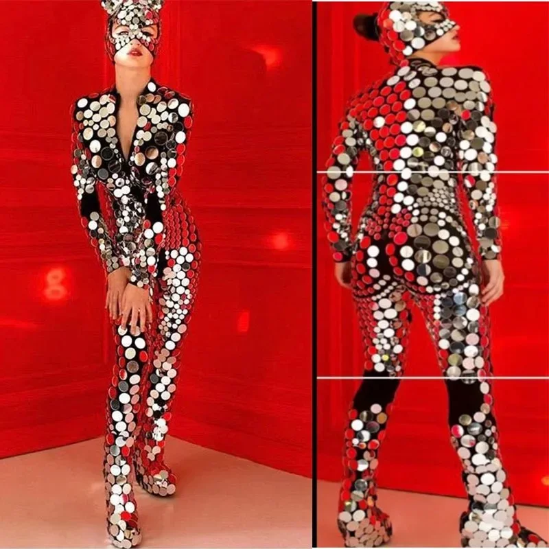 bodysuit Model costume Catwalk stage dance wear Round  Mirror Jumpsuit Sequin Mirror Light One-Piece Outfit Set Cat mask mirror