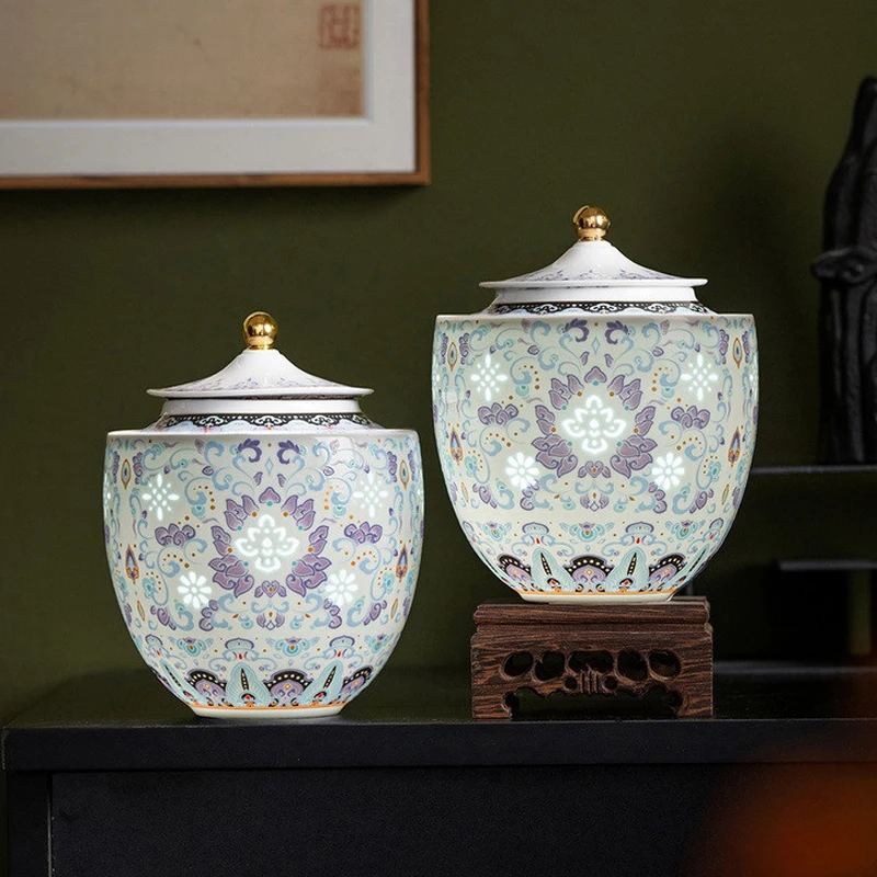 Exquisite Hollow Flower Ceramic Storage Jar with Golden Knob Cover Sealed Ceramic Storage Jar Tea Coffee Dry Goods Container