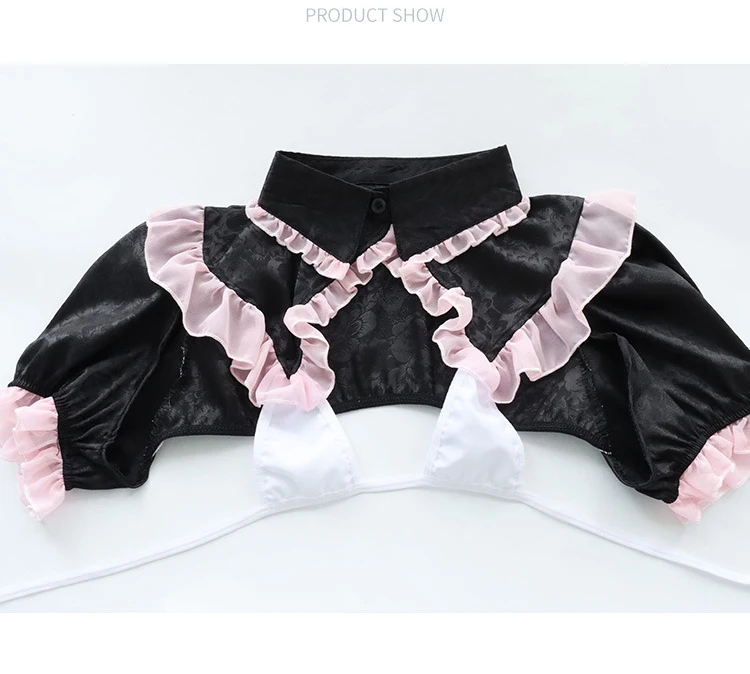 Hollow Out Lace Maid Uniform Backless Mesh Chiffon Dress Anime Cosplay Sailor Costumes Cute Black Pink Sexy Lingerie Set