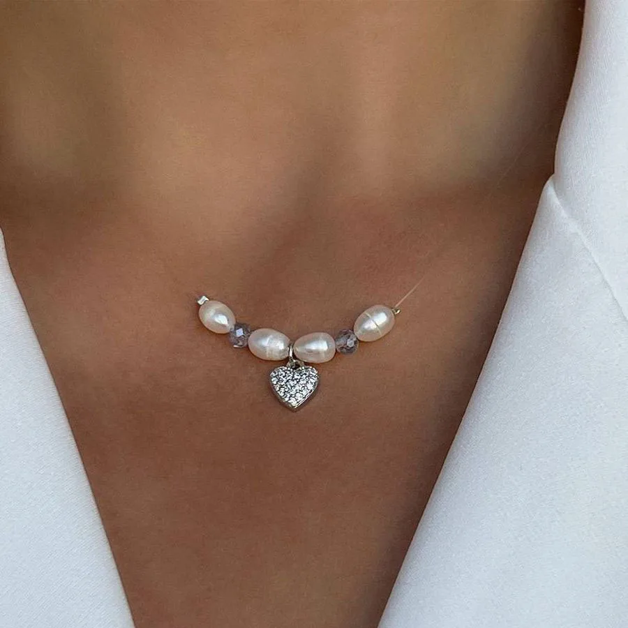 Fashion Simple Shaped Natural Freshwater Pearls Zircon Heart Necklace For Women Female Girl Baroque Choker Jewelry Gift N0495