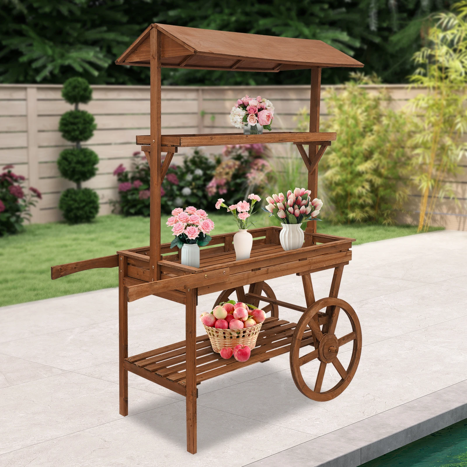 

Подставка для цветов, стойка для цветов с доской, держатель для цветочных горшков, дисплей с колесами, ретро-стойка на колесиках, тележка