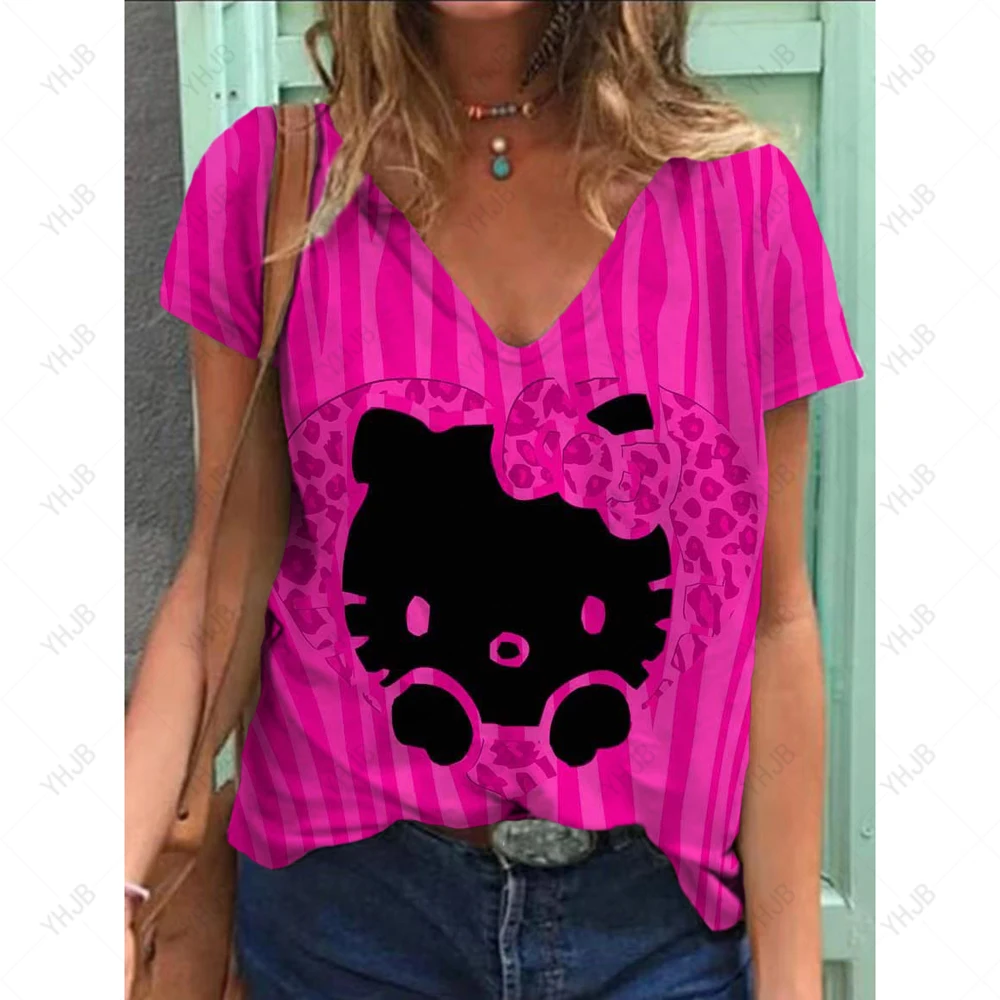 2025 Vendita calda estiva T-shirt con scollo a V da donna carina Stampa 3D Hello Kitty Cartoon T-shirt da donna Top Abbigliamento divertente Manica corta