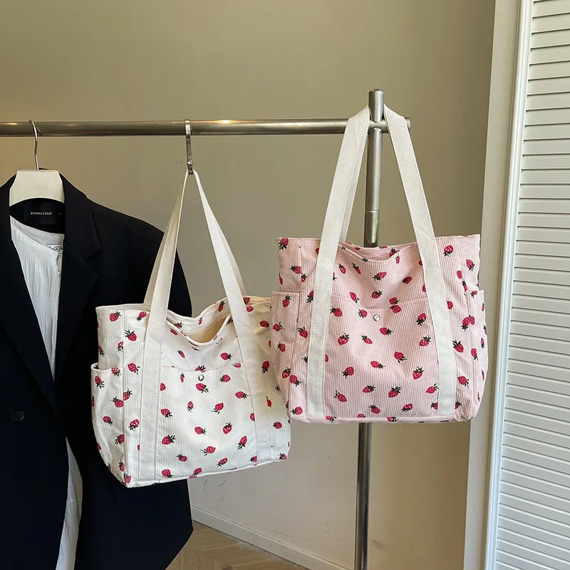 Wholesale Strawberry Corduroy Tote Bag New Large Capacity Casual Print Underarm Bag Fashion Versatile Travel Commuter Bag