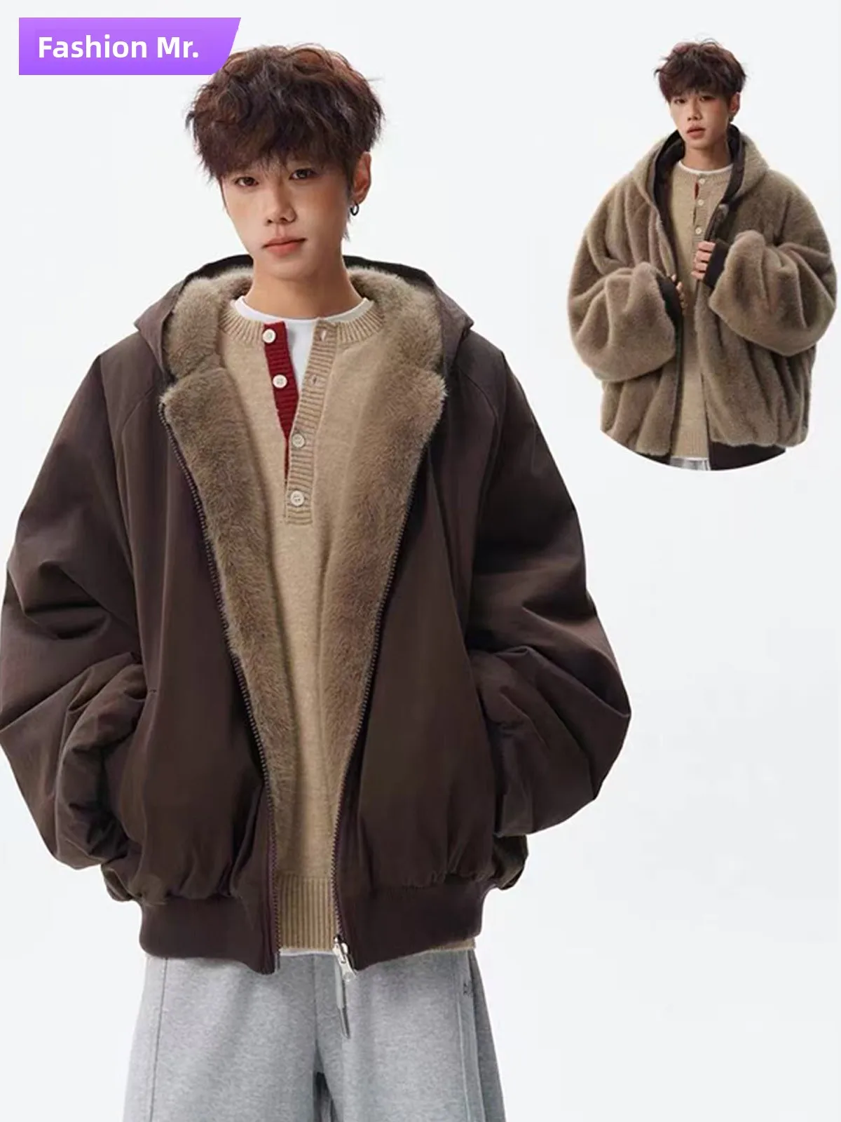 

Faionable Double-Sided Wearable Hooded Cotton Jaet Youth American Retro Sle Rabbit Fur Casual Warm Cotton Coat for Teens
