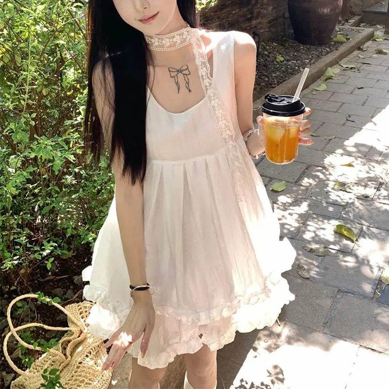 

Korean Sweet Edible Tree Fungus Mini Dress Summer New Aura Sleeveless Women's Clothing O-Neck Solid Color Layered Folds Sundress