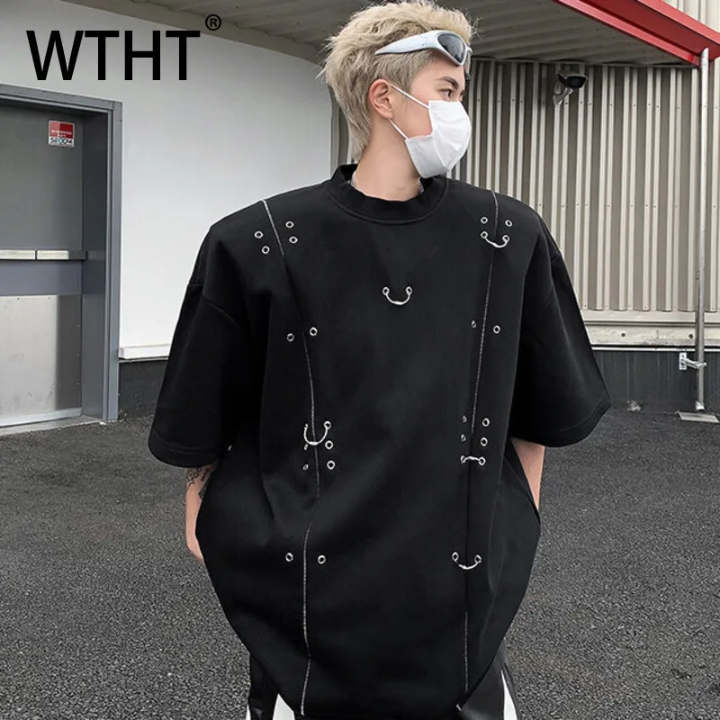 

WTHT модные мужские футболки с металлическими заклепками и подплечниками, дизайнерские футболки, модные летние свободные топы с короткими рукавами и круглым вырезом 2023, мужские 2A0758