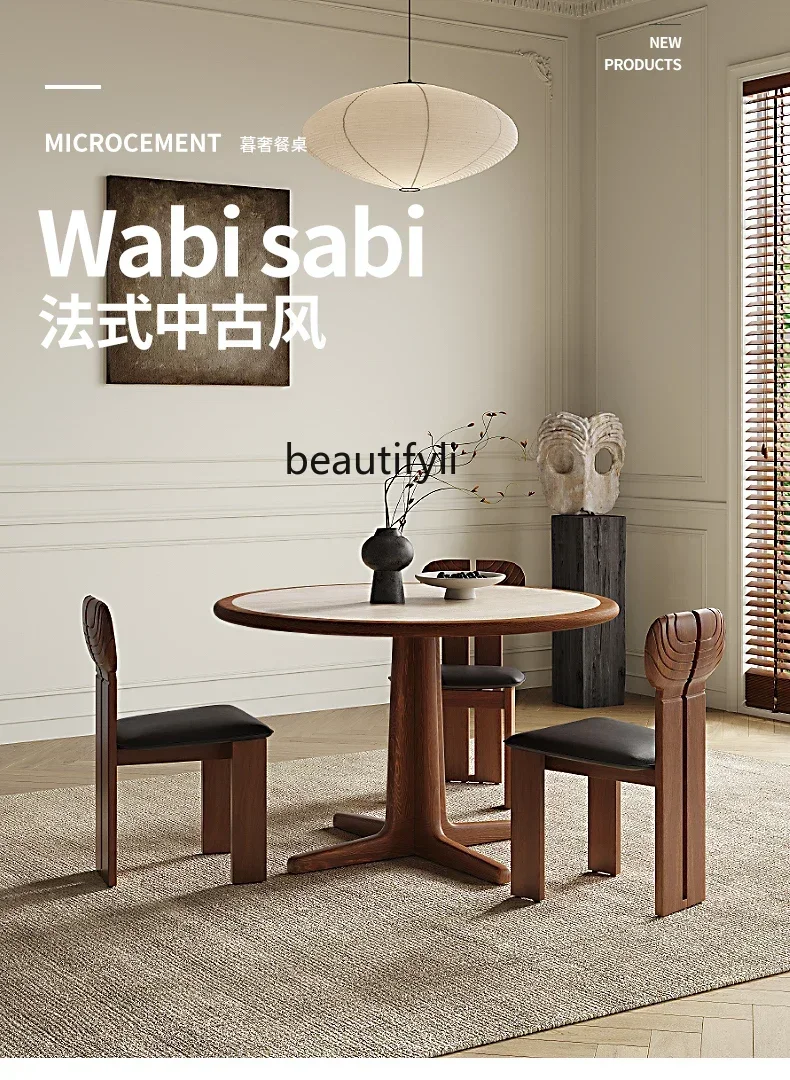 

French retro travertine rock slab solid wood inlaid dining table round dining table designer dining table