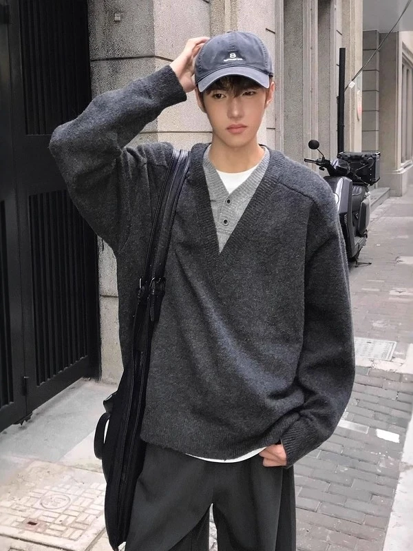 

Корейский вязаный свитер с V-Ne, свободный крой, верхняя часть M Fem, свободный свитшот Lazy Rich Sle Long Sve Crew Ne