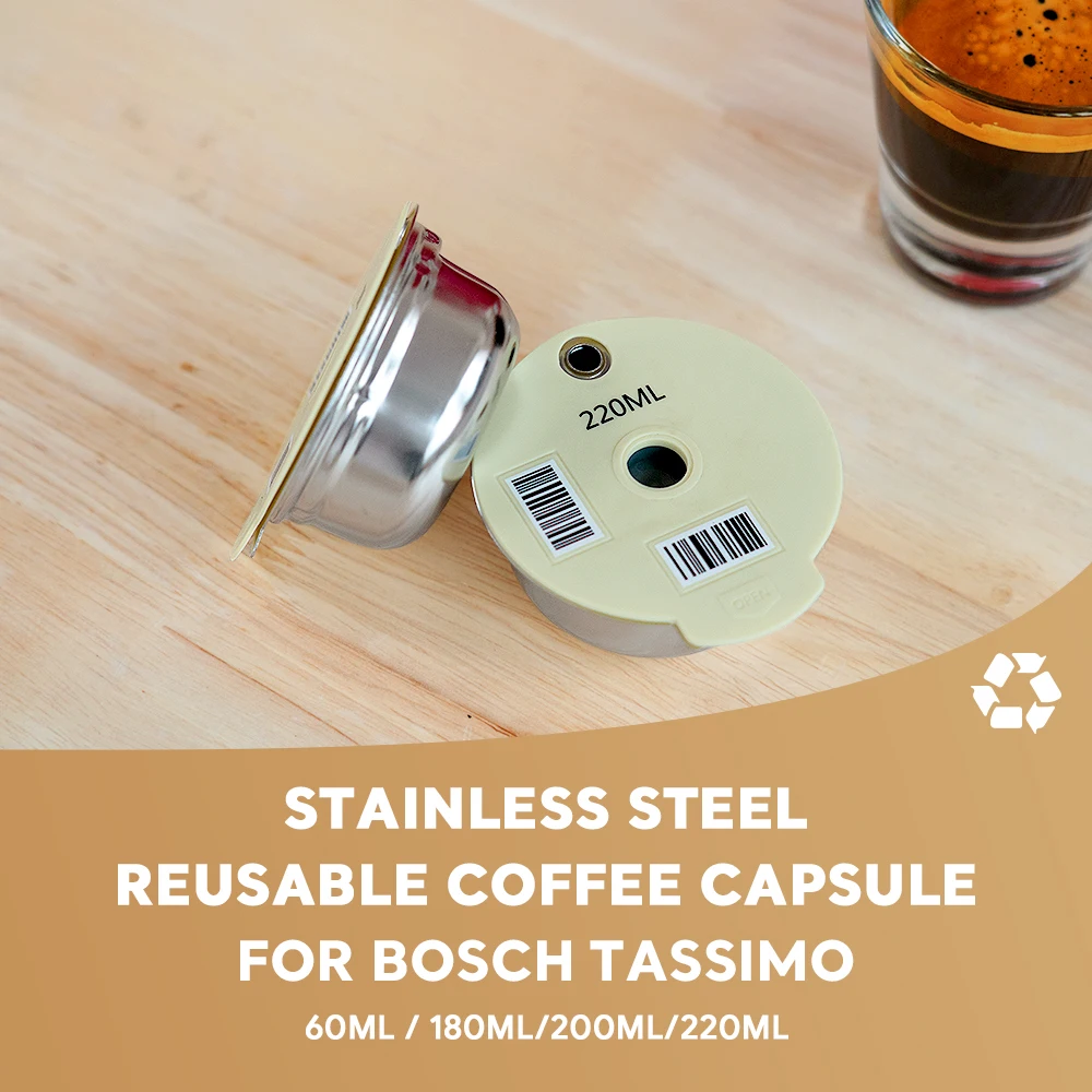 60/180/200/220ML Stainless Steel Bosch Reusable Coffee Capsule Pods For BOSCH Tassimo Eco-Friendly Coffee Maker Silicone Lid