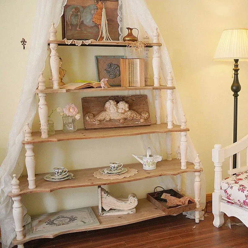 American retro European French solid wood decorative flower stand white old bookshelf floor shelf flower furniture
