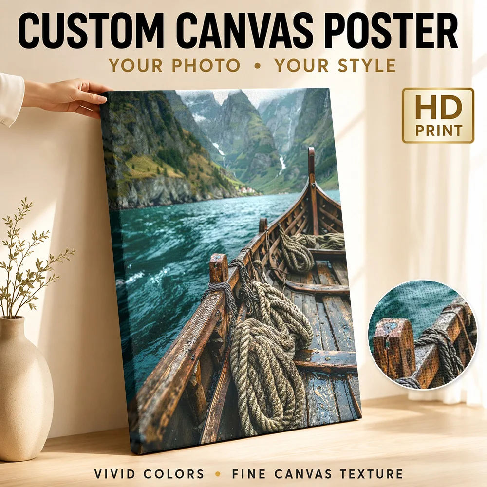 Viking Boat Fjord History Gallery Wrapped Canvas Print Customized Photo Scenic Destination Illustration Wall Art For Living Room