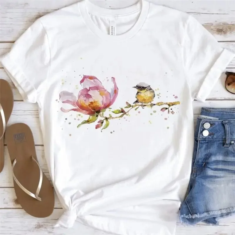 

Fresh Rustic Watercolor Bird Flower Short Sleeve T-Shirt Magnolia Watercolor Bleed Print Top Daily Loose Crew Neck Shirt