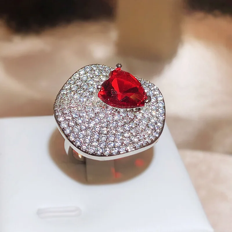 Brilliant Red Heart Zirconia Ring Open Luxury Women\'s Jewelry Premium All-match Temperament Banquet Jewelry S925 Silver