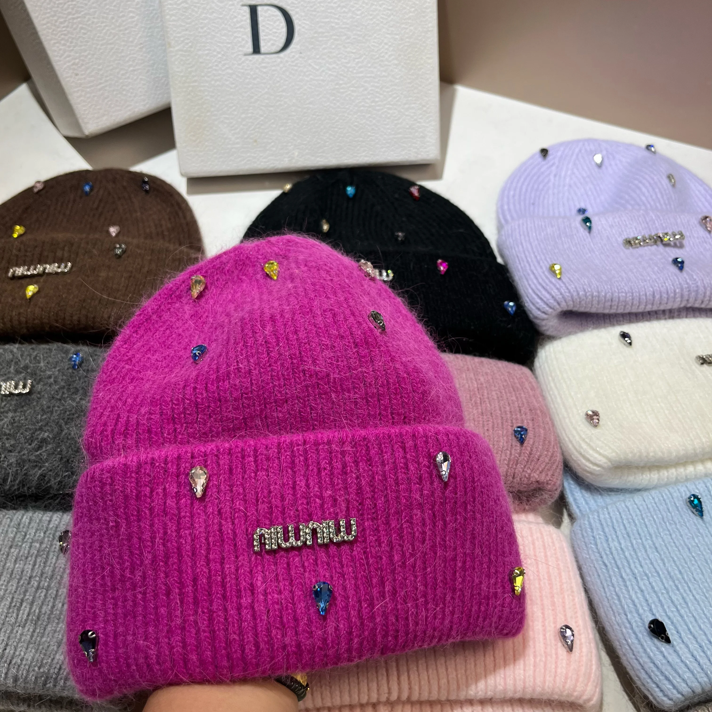 Paris Fashion Colored Water Diamond Rabbit Hair Knitted Hat Winter Thickened Warm Hooded Knitted Hat Sweet Girl Ear Protection H