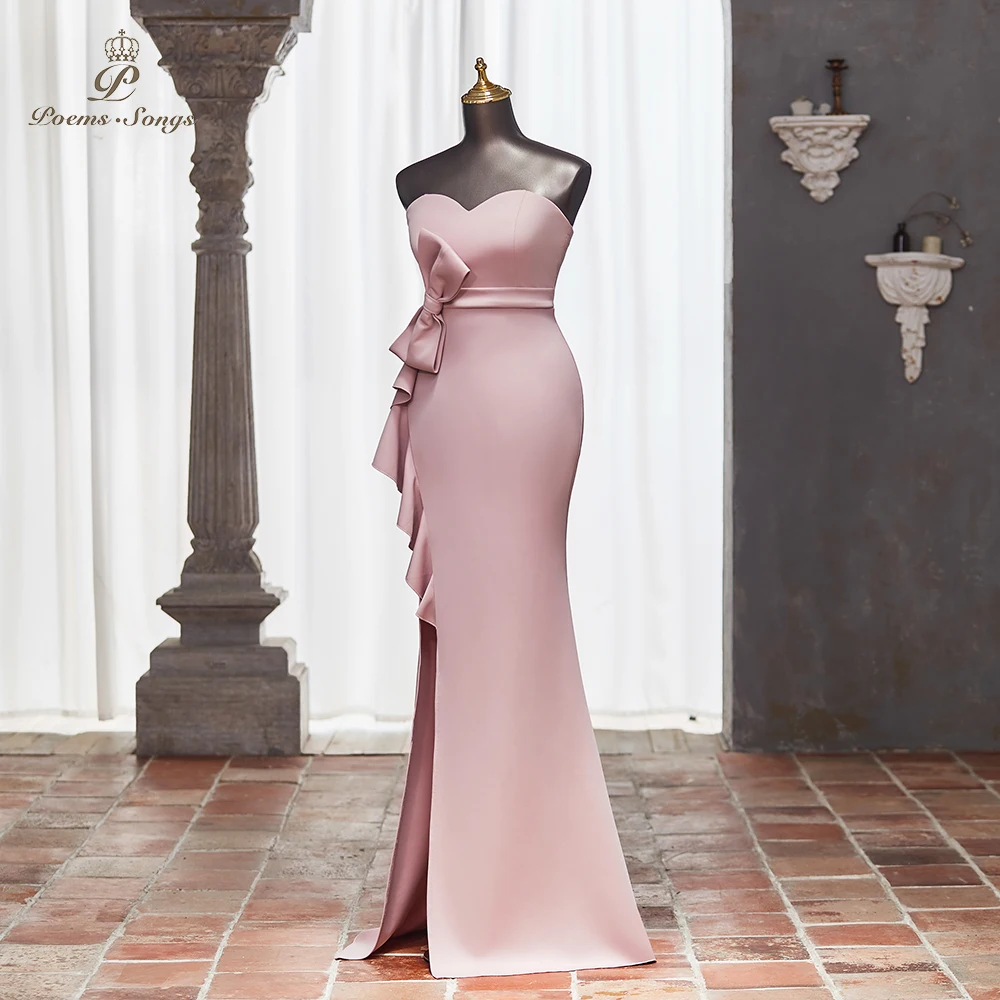 Customized Elegant Pink Strapless Maxi Dress with Large Bow and Front Slit, Slim Fit Elegant Evening Dress  vestidos de noche