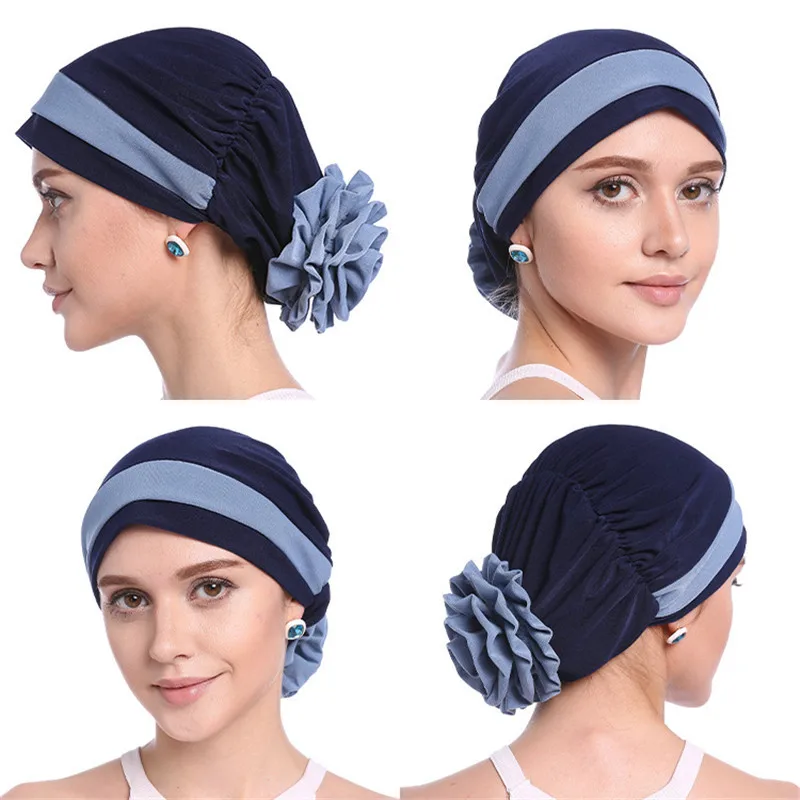 New Hot Pure Color Silk Pan Flower Hat Muslim Stretch Toe Cap Dubai Arab Women's Flower Hat Turban Beanie Fashion