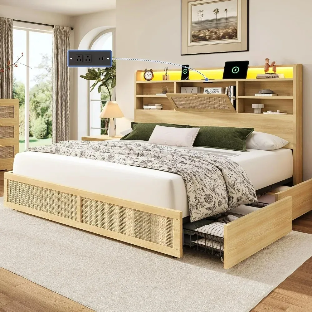 Queen Size Rattan Bed Frame with 4 Storage Drawers and 51.3