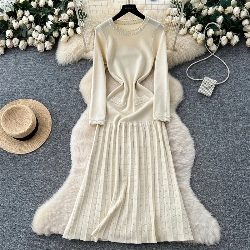 

Вязаное платье с круглым вырезом и длинными рукавами из бисера для женщин, элегантное осеннее офисное вечернее платье для свидания и ночи, повседневное шикарное модное платье