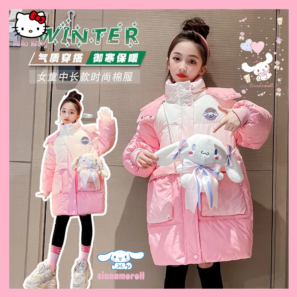 

Anime Sanrioed Cinnamoroll Winter Girl Down Jacket Gradient Color Cute Doll Hooded Windbreaker Coat Kids Long Parkas Outerwear