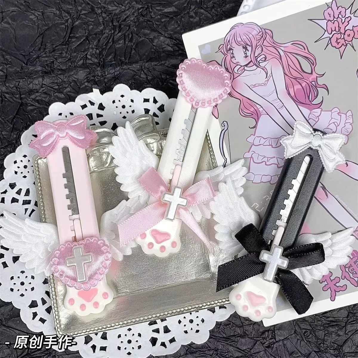 1Pc INS Lovely Girls Bow Angel Wings Utility Knife Mini Kawaii Cat Paw Paper Cutter Express Box Envelope Opener Cute Stationery