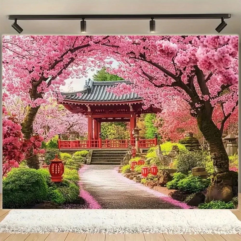 Fotohintergrund für Geburtstagsfeiern mit Kirschblüten-Motiv, Landschaftsarchitektur-Garten, Fotografie-Hintergrund für Heimdekoration