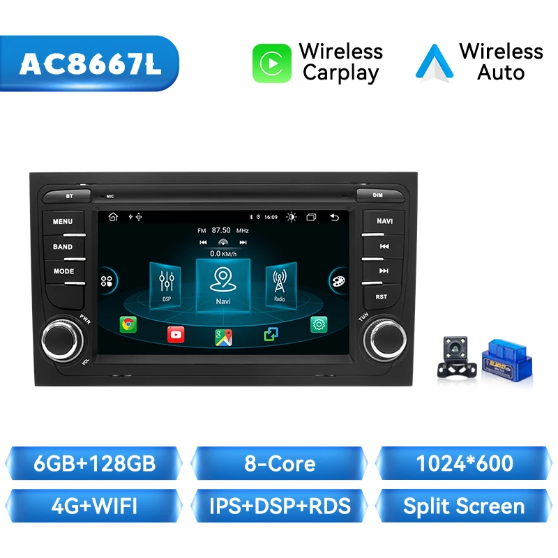 Android 16 autoradio voor Audi A4 S4 RS4 B6 B7 B8 2002-2007 draadloze CarPlay Auto 4G WiFi GPS navigatie spraakbesturing multimediaspeler