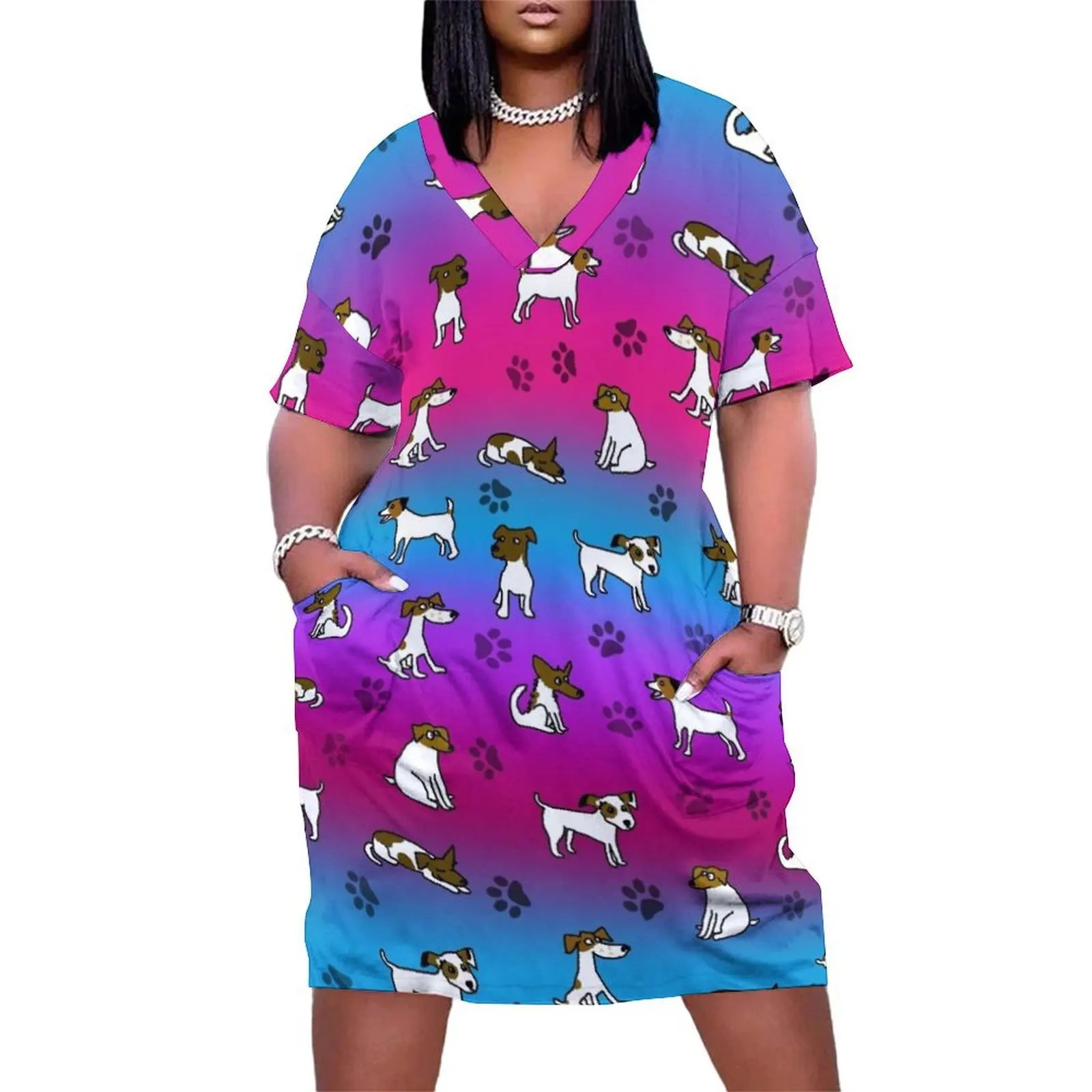 

Jack Russell Terrier Cartoon Pattern With Blue And Pink Background Loose Pocket Dress Evening gown women's evening dresses