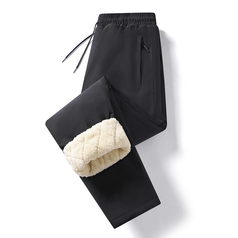 Winter Thick Lamb Fleece Padded Pants Men Elastic Waist Zip Pocket Warm Casual Trousers Plus Size L‑4XL