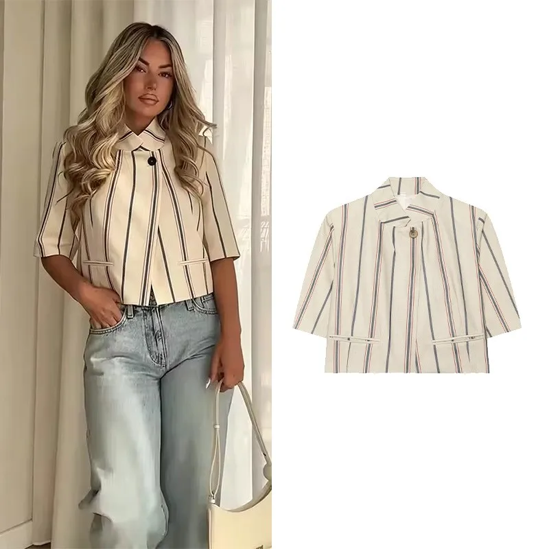 Women's Cropped Striped Blazer New 2026 Summer Simple O-Neck Short Sleeve Single Button Women Short Coats Female Chic Tops