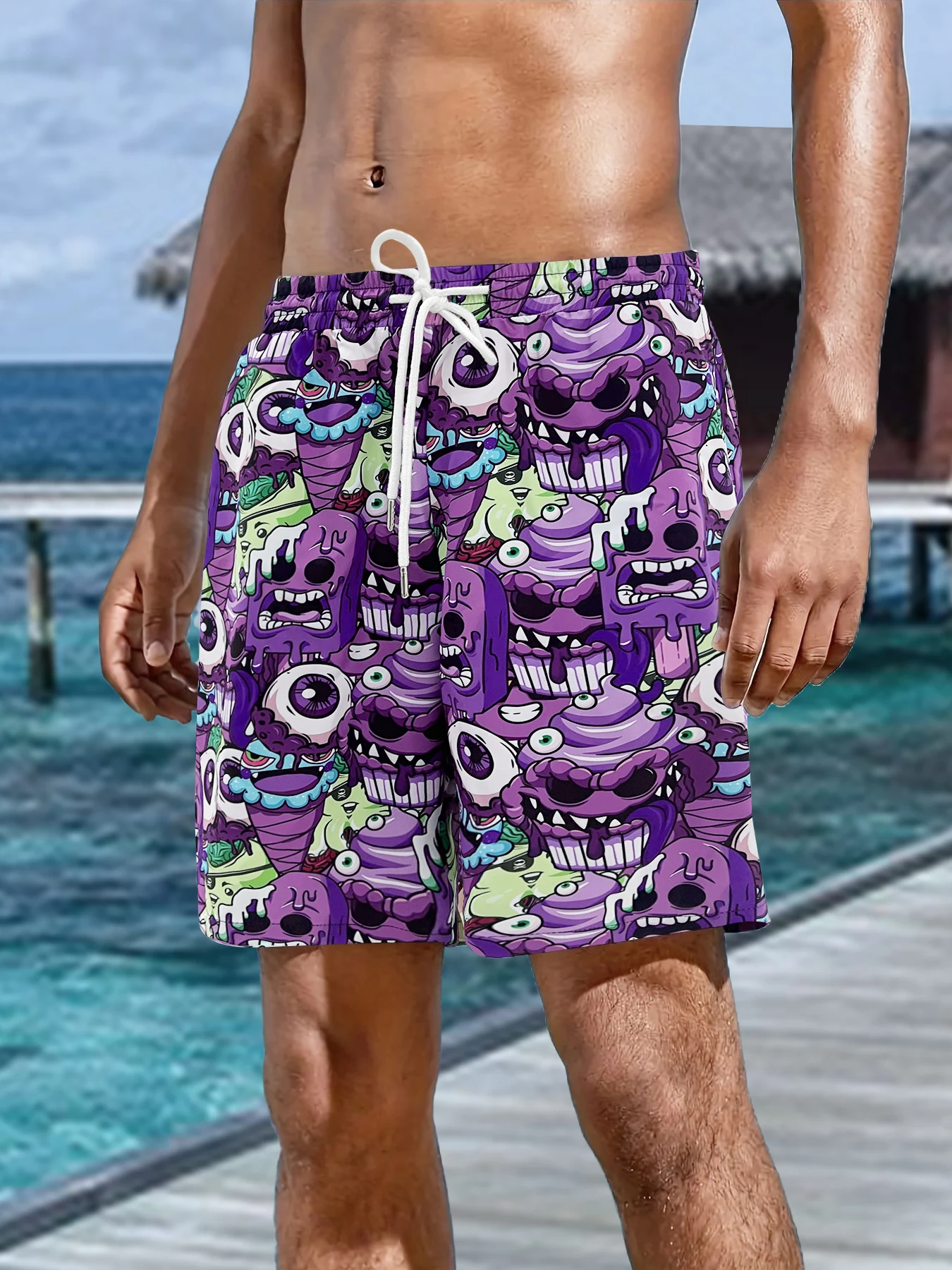 Men's Purple Green Cartoon Monster Print Drawstring Beach Shorts Summer Quick Dry Casual 5 Inch Shorts