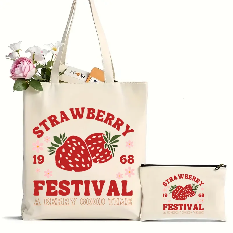 2Pcs Cute Strawberry Pattern Tote Bag, Casual Canvas Shopping Bag, Reusable Grocery Shoulder Bag