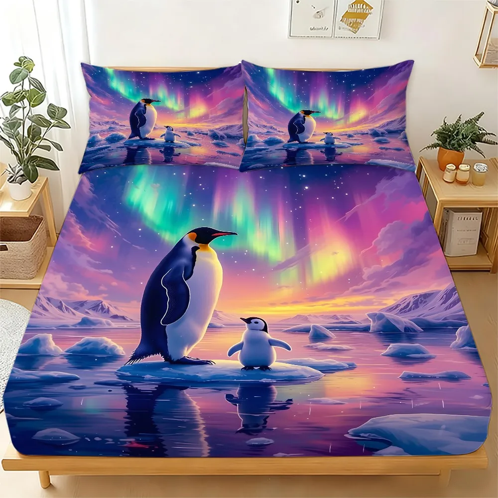 Aurora Penguin Bedding Set Three-Piece Set Printed Fitted Sheet Mattress Protector Breathable Polyester Material (Includes 1 Fitted Sheet + 2 Pillowcases) Mattress Protector Fitted Elastic Style Protective Cover Mattress Protector, Fitted Bedding Set Christmas Themed Bedding Baby Bedding Suitable for Nursery Room