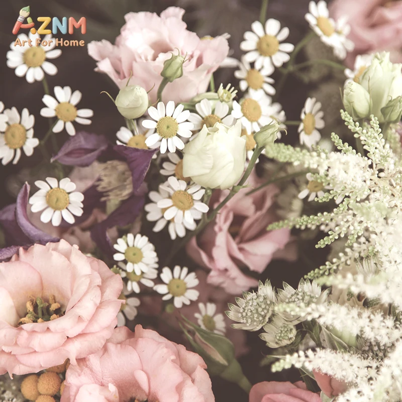 AZNM Vintage Daisy Lisianthus Flower Bouquet Canvas Wall Art, Retro Romantic Floral Print Poster, Unframed Aesthetic Wildflower