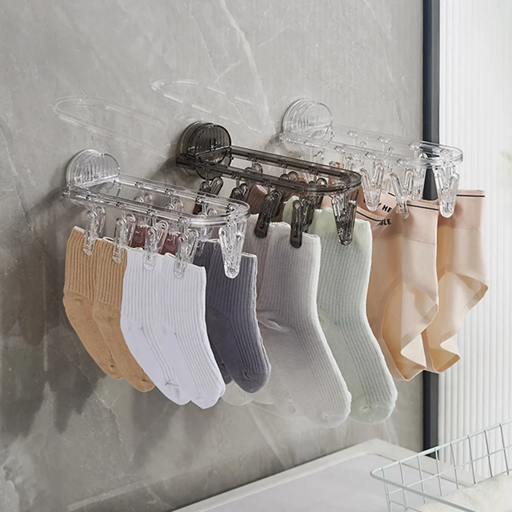 2PC Bathroom Suction Cup Drying Rack Folding Socks Drying Rack Household Clothes Rack Multi Clip Drying Socks Artifact,B