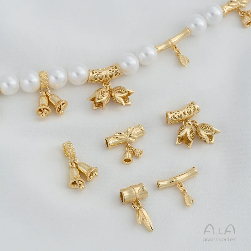 14K Gold-plated Bamboo Tube Bead Spacer Hanging Bamboo Leaf Wreath Lily Valley Bell Pendant DIY Bracelet Jewelry Accessories