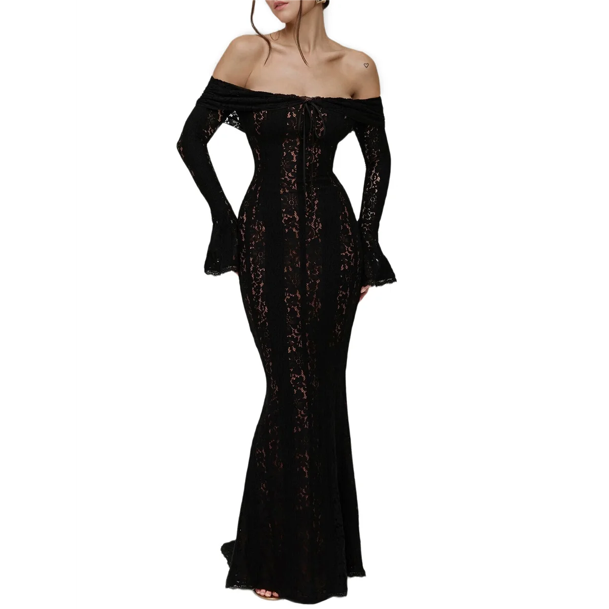 ชุดเดรสยาวทรงเข้ารูปสำหรับผู้หญิง ดีไซน์เปิดไหล่ แต่งลูกไม้ แขนทรงกระดิ่ง ผ้าตาข่ายซีทรู ทรงเมอร์เมด เหมาะสำหรับงานแต่งงานและงานปาร์ตี้