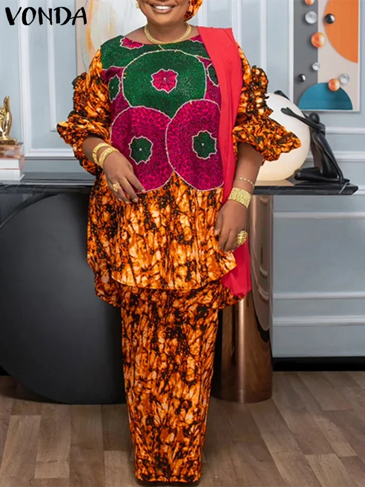 

VONDA Plus Size 5XL Women Sets 2025 Elegant Pants Suits Lantern Sleeve Tops Casual Elastic Waist Printed Trousers Oversized