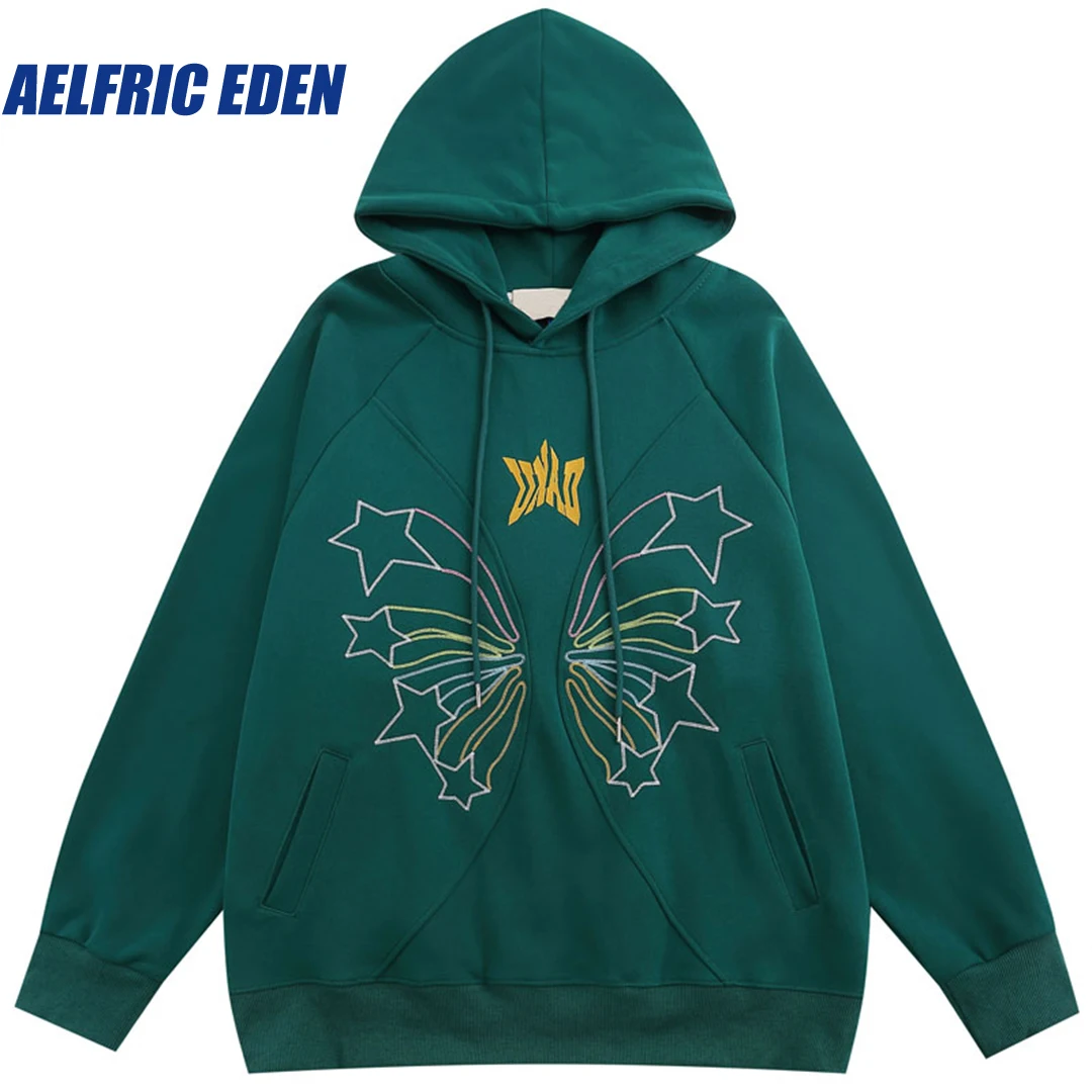 Aelfric Eden Embroidery Star Harajuku Hoodie Y2K Hip Hop Retro Pullover Sweatshirts Men Punk Goth Hooded Streetwear Loose Hoodie