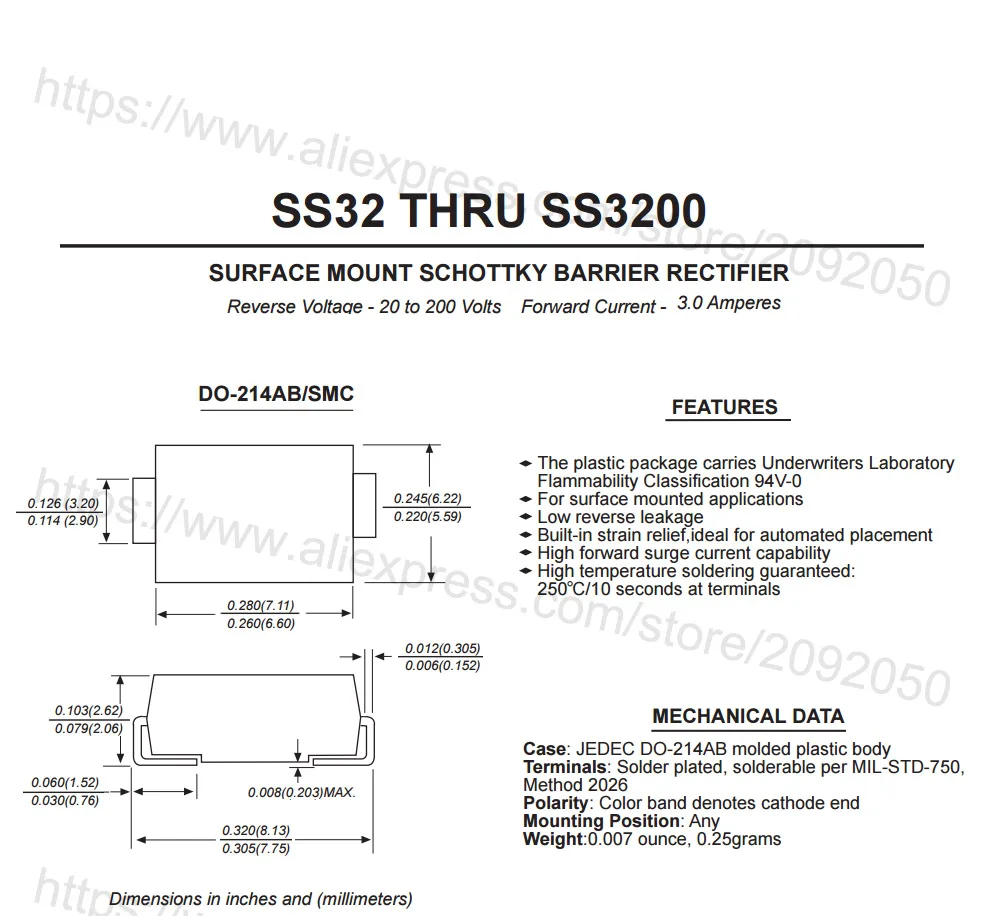 JASNPROSMA SS32 SS34 SS36 SS38 SMC 500 Buah 3000 Buah DO214AB 1N5820 1N5822 SR360 SR380 3A 20V 40V 60V 80V Dioda Penyearah Schottky