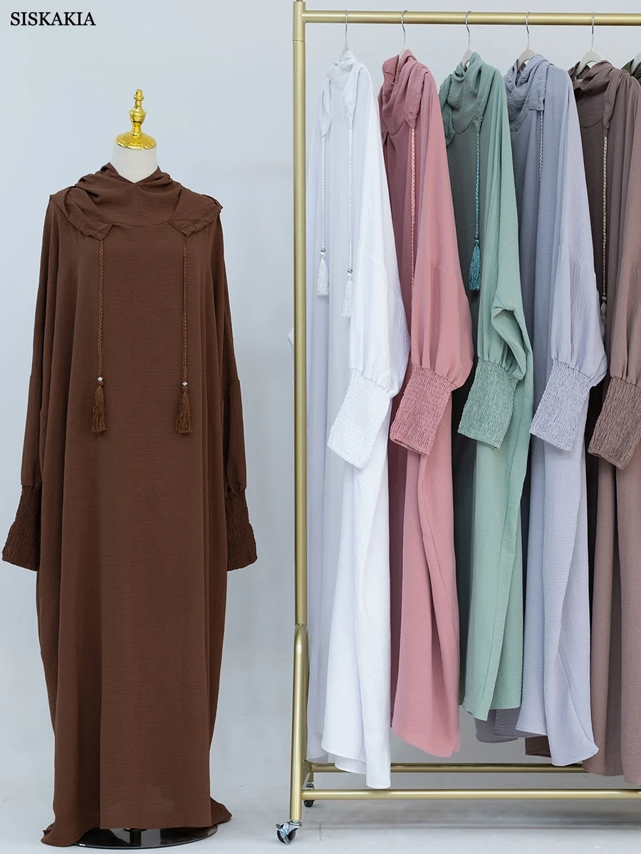 Fashion Solid Abayas With Two Hats And Draw String Bundled Sleeve Muslim Women Long Dress Prayer Clothes Dubai Ramadan Kaftan