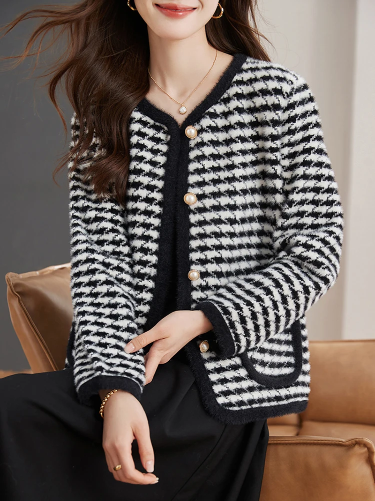 

Chic Vintage Houndstooth Knitted Cardigans for Women O-Neck Long Sleeve Sweaters Cardigan Autumn Winter Casual Knitwear