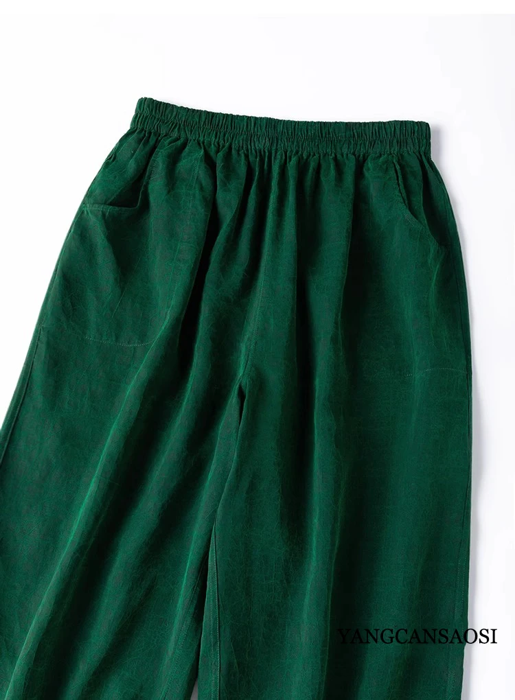 Double Sided Forest Green 100%Natural Mulberry Silk Turtle Crack Fragrant Cloud Yarn Retro Artistic Elastic Waist Wide Leg Pants