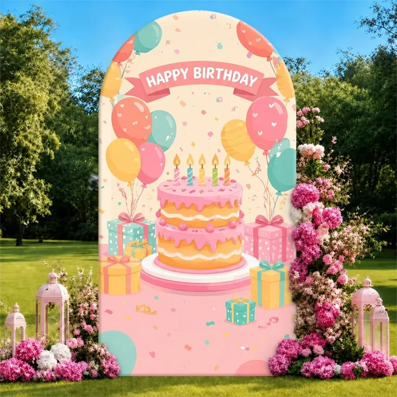 

Single Side Arch Backdrop Cover Happy Birthday Celebration Background with Pink Cake Balloons and Gifts for Festive Party