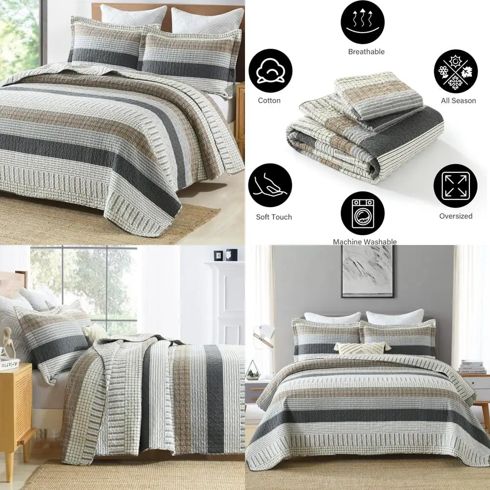

Queen Size Cotton Quilt Set - Patchwork Bedding with Farmhouse Style Lightweight Comforter and Reversible Design