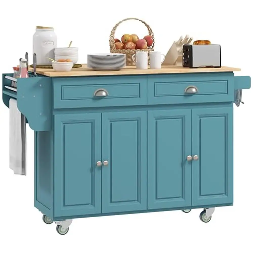 Kitchen Island Cart Rolling Drop Leaf Solid Wood Top Breakfast Nook Storage Drawers 4-Door Cabinets Spice Knife Towel Rack On