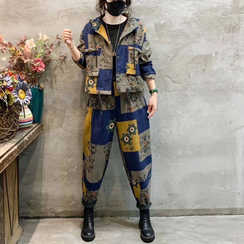 Spring Autumn Women Harlan Pants Two Piece Set Loose Casual Hooded Coat female Korean Age Reducing Foreign Style Cotton Hemp Set